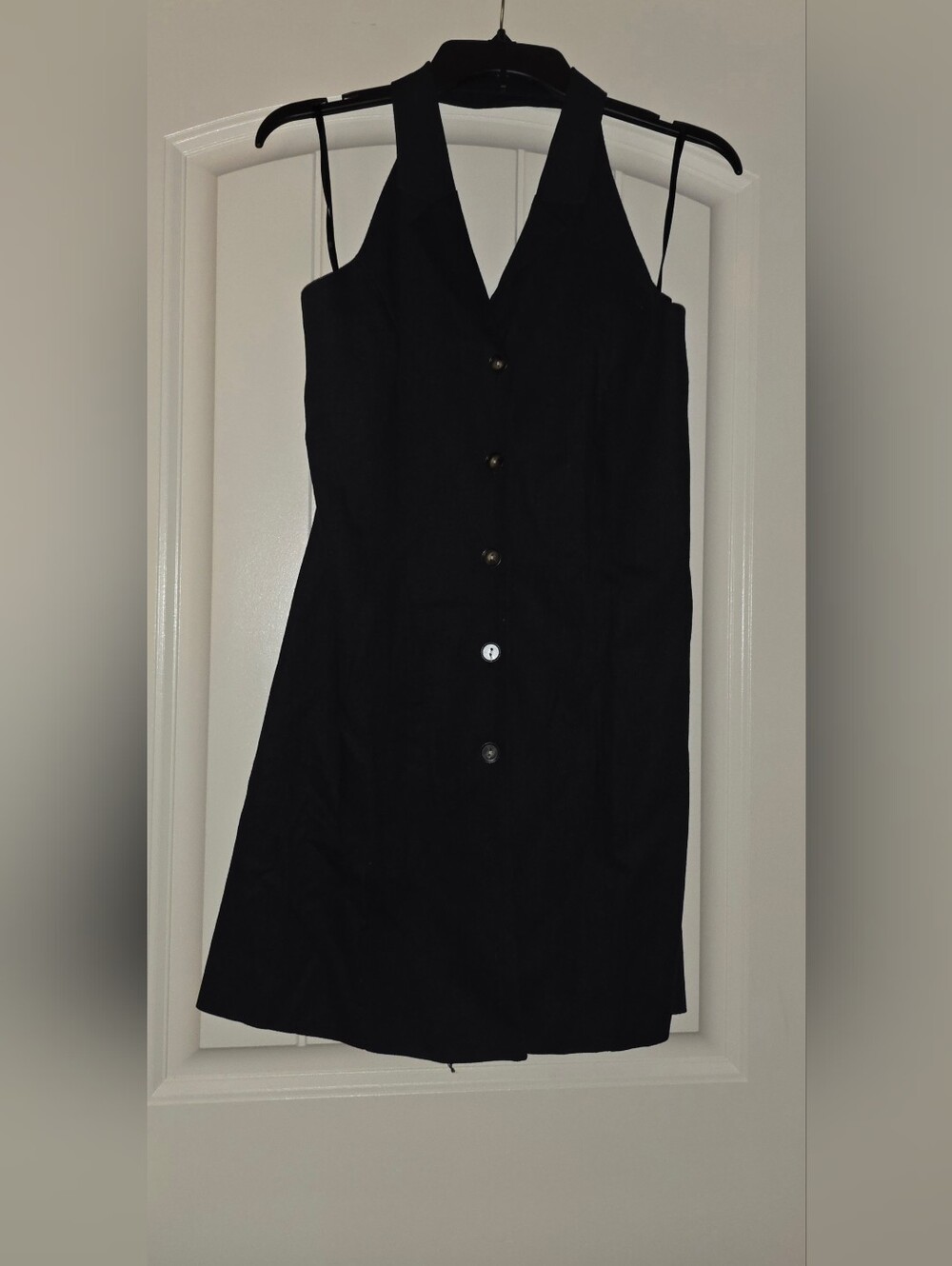Black Button-Front Halter Backless Linen Dress Size Medium